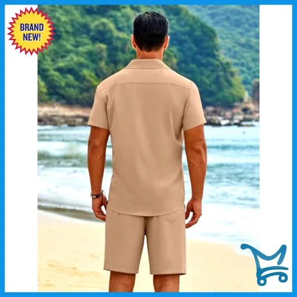 Men's 2 Piece Cuban Guayabera Shirt & Shorts Summer Beach Vacation Set